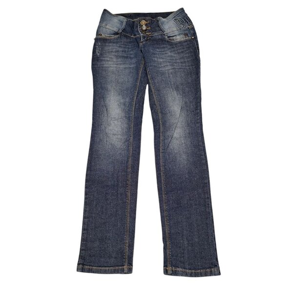 Oppnus Jeanswear Womens 38 Buttoned Jeweled Fly Hip Hugger Blue Denim Y2K Low - Picture 1 of 7